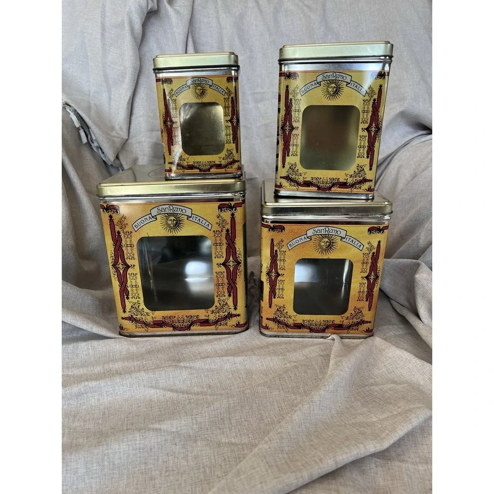 Set Vintage San Remo Tins Kitchen Canister Set with Plastic Window by Himark.